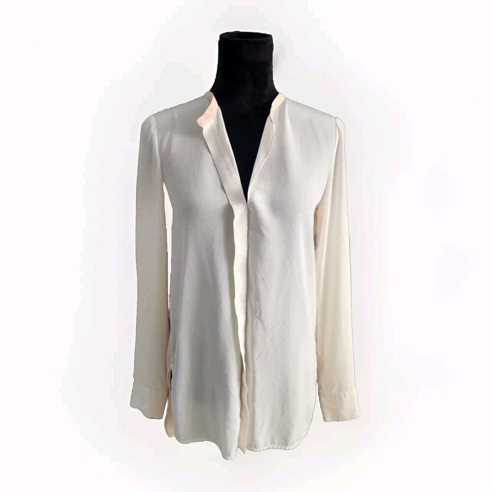 VINCE 100% Silk Long Sleeve Colorblock Blouse Top Size 6 Ivory Peach Split Neck - Picture 3 of 10
